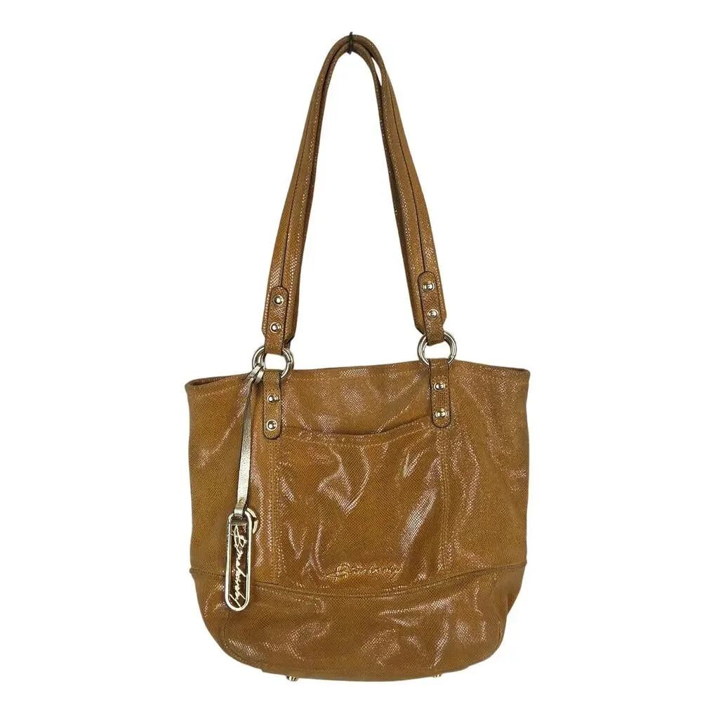 B Makowski Snakeskin Embossed Tan Tote Gold Tone Logo Hardware Casual Purse Bag